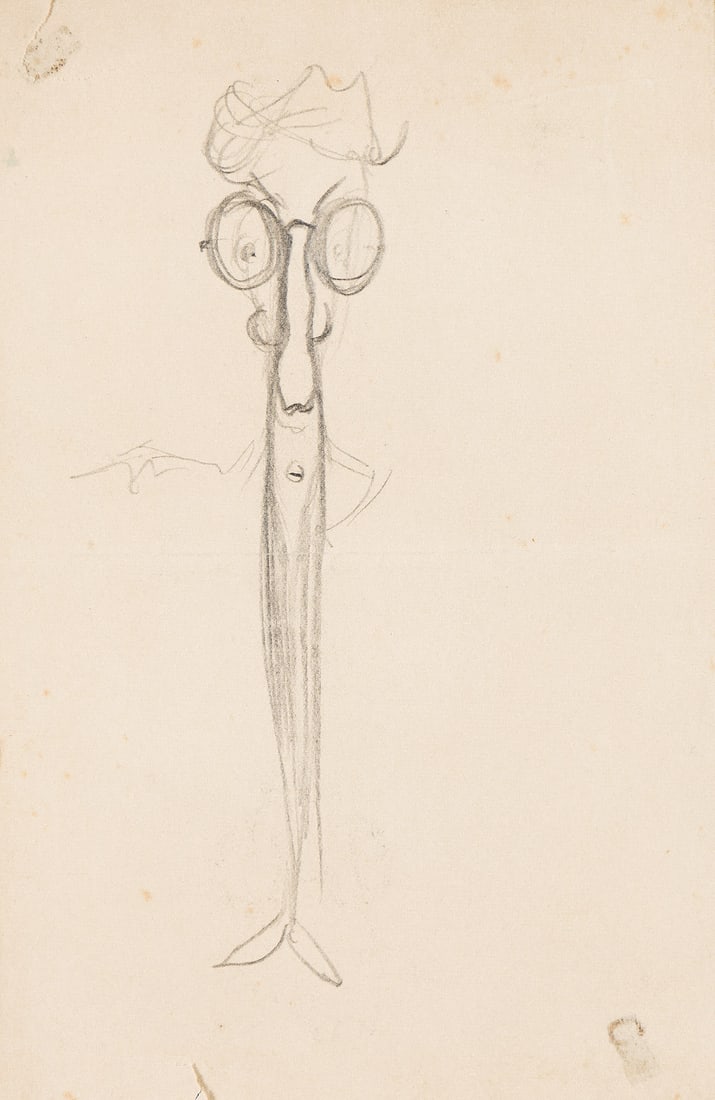 ARTHUR RACKHAM (1867-1939) Possible self-portrait.: ARTHUR RACKHAM (1867-1939) Possible self-portrait. Sketch of a man with round glasses, circa 1910. Pencil on paper, adhered to board. 177x114 mm; 6⅞x4½ inches. Unsigned. Provenance: Purcha