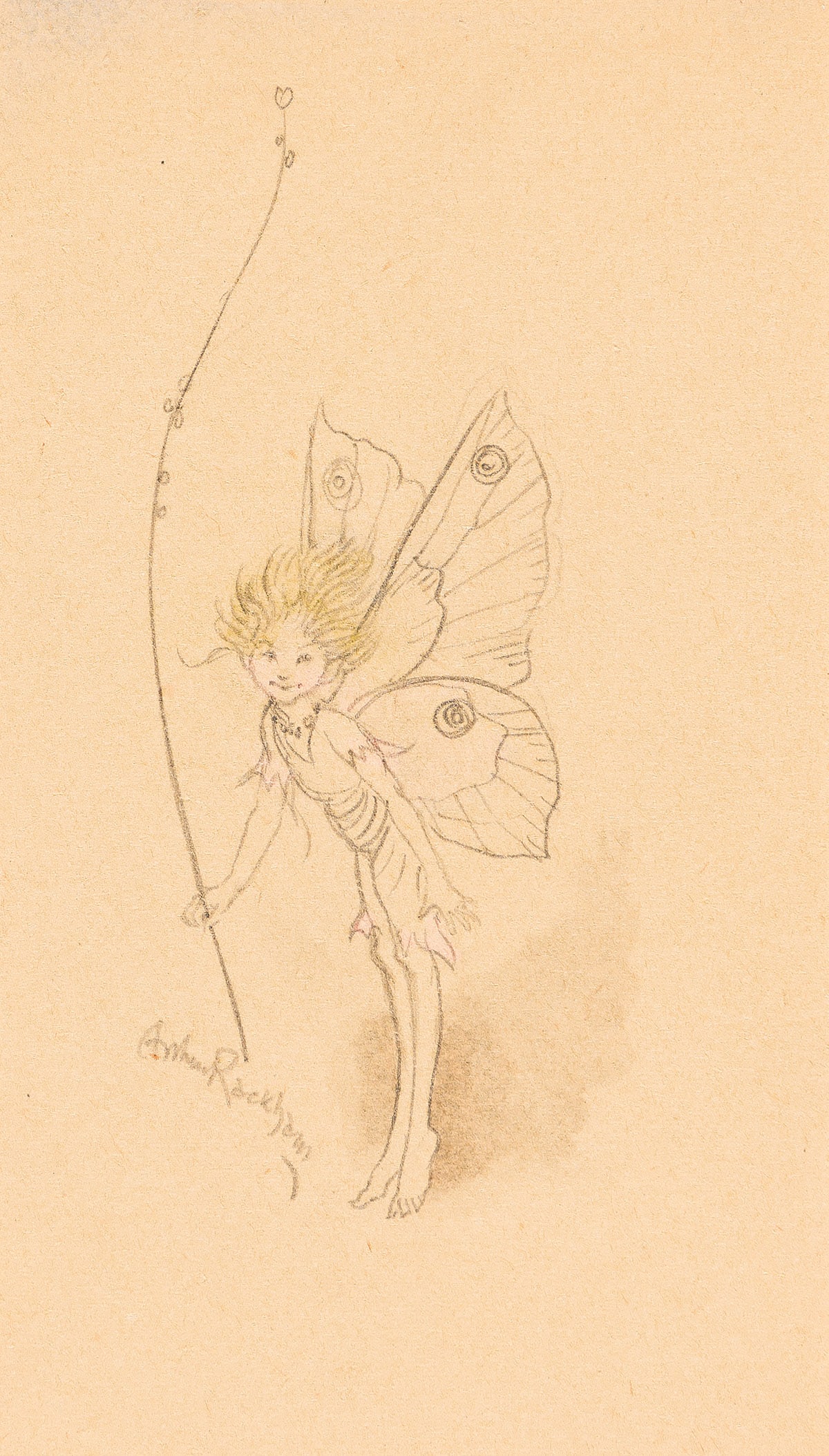 ARTHUR RACKHAM (1867-1939) Sprite.: ARTHUR RACKHAM (1867-1939) Sprite. Illustration for the spine decoration of Tales From Shakespeare by Charles and Mary Lamb (London: J. M. Dent & Co., 1909). Pencil and watercolor on board. 190x88 mm;