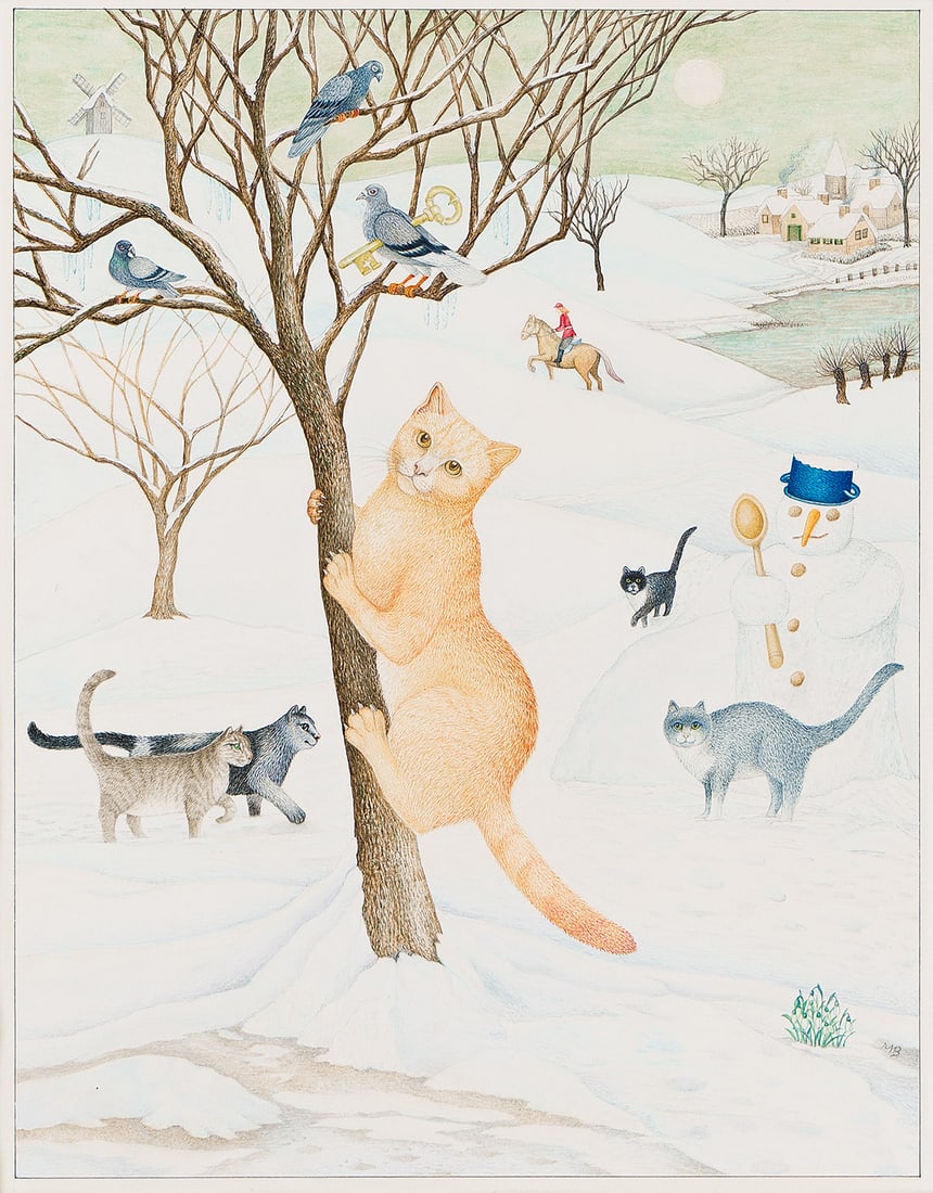 MONIKA BEISNER (1942- ) Cat in winter scene.: MONIKA BEISNER (1942- ) Cat in winter scene. Interior illustration published in Monika Beisner's Book of Riddles (New York: Fassar Straus Giroux, 1983). Watercolor on paper. 171x216 mm; 6¾x8&fr