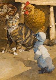 TROY HOWELL (1953- ) Duckling with hen and cat.