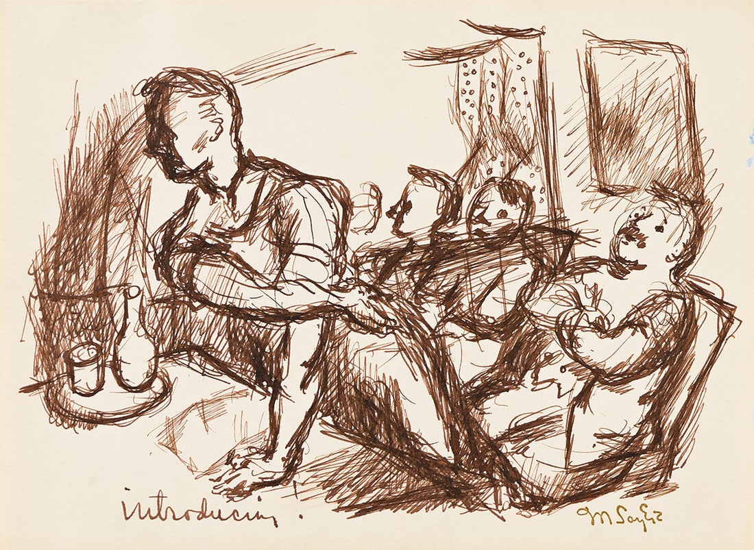 MOSES SOYER (1899 - 1974) Introducing, and A Meeting of the Artists Union, (Pair).: MOSES SOYER (1899 - 1974) Introducing, and A Meeting of the Artists Union, (Pair). i) Introducing. Sepia ink on paper. 184x248 mm; 7¼x9¾ inches. Stamped, M Soyer, lower righ