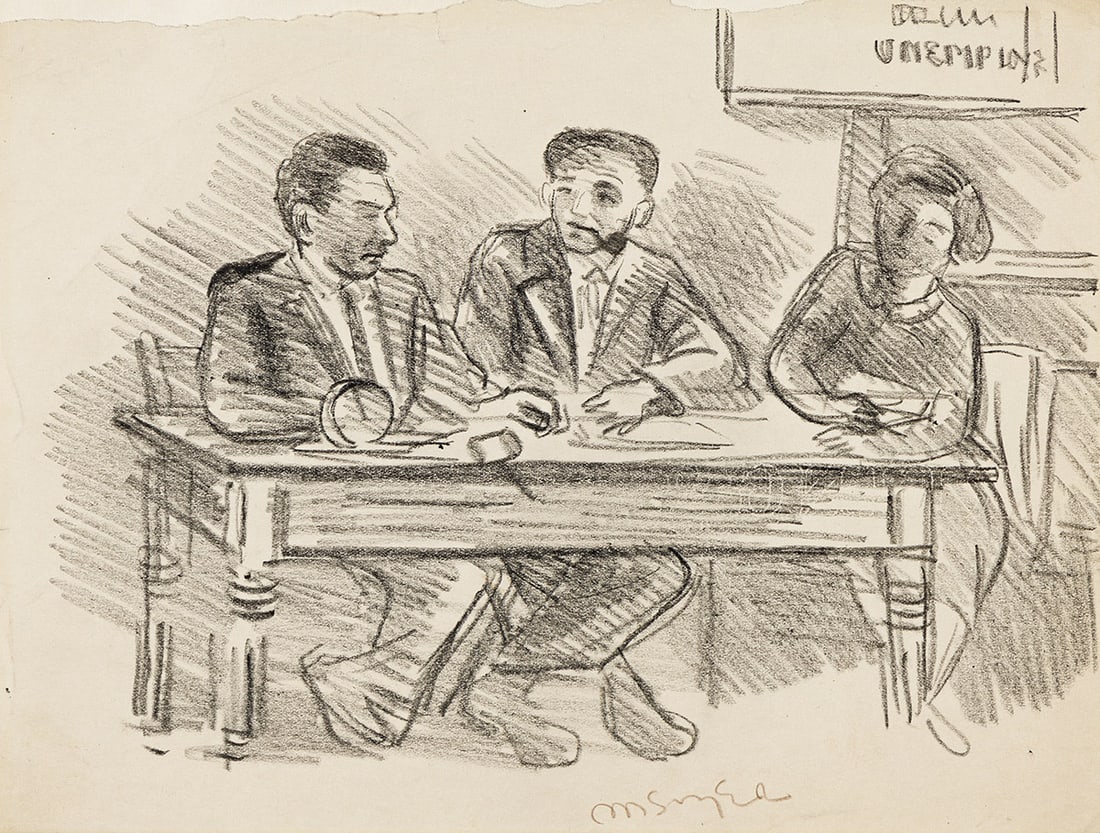 MOSES SOYER (1899 - 1974) Out of Work, and Unemployed, A Meeting of Artists, (Pair).: MOSES SOYER (1899 - 1974) Out of Work, and Unemployed, A Meeting of Artists, (Pair). i) Out of Work. Pencil on paper. 190x354 mm; 7½x10 inches. Stamped, M Soyer, lower left.