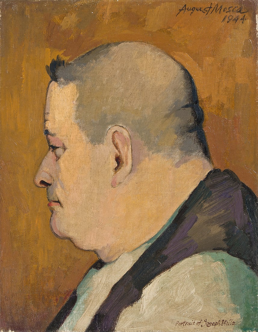 AUGUST MOSCA (1907 - 2003) Portrait of Joseph Stella.: AUGUST MOSCA (1907 - 2003) Portrait of Joseph Stella. Oil on canvas, 1944. 380x305 mm; 15x12 inches. Signed and dated upper right, and titled lower right. Condition Questions and condit