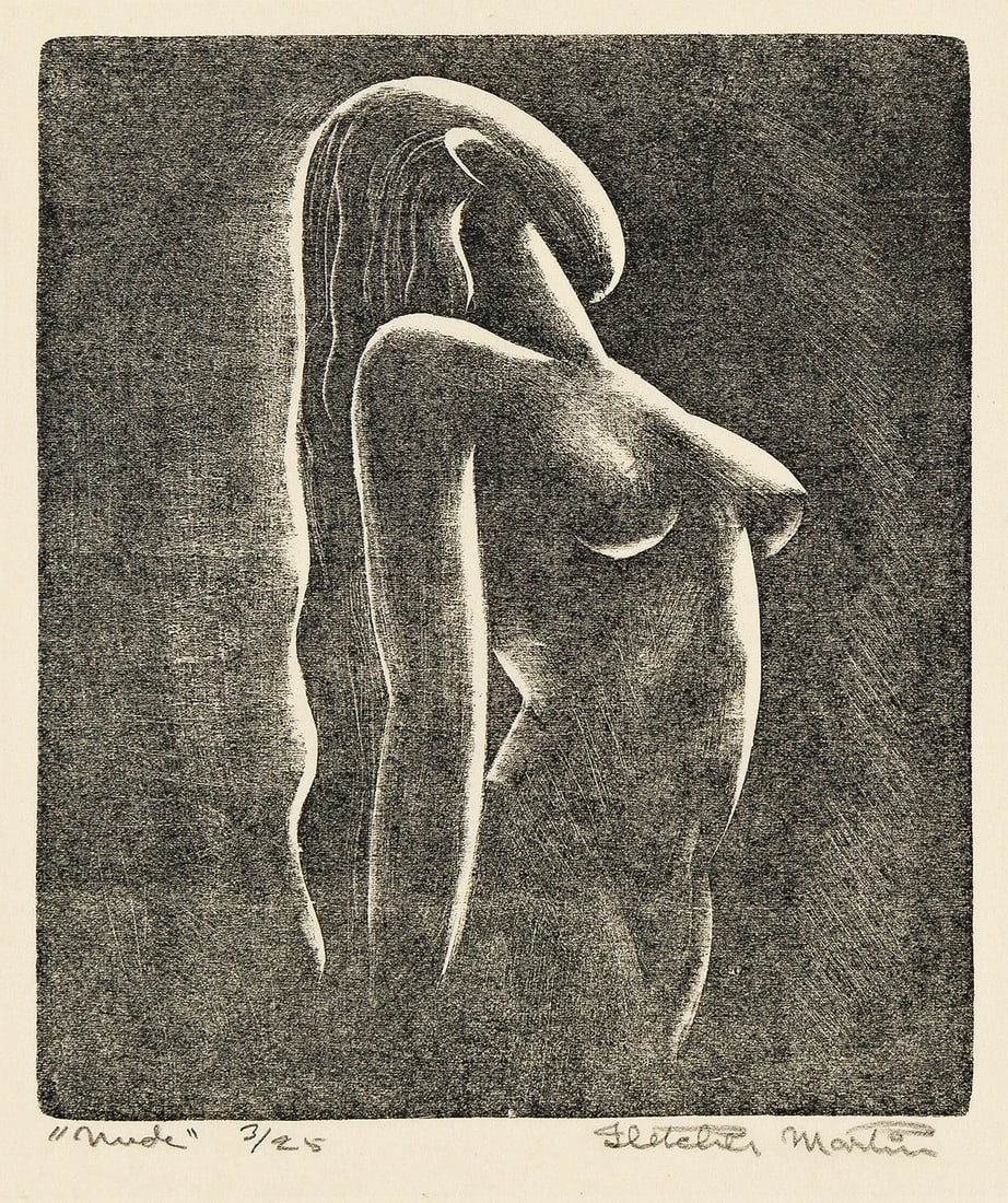 FLETCHER MARTIN (1904 - 1979) Nude.: FLETCHER MARTIN (1904 - 1979) Nude. Woodcut on thin wove paper, circa 1933. 153x132 mm; 6x5¼ inches, wide margins. Signed, titled and numbered 3/25 in pencil, lower margin. Edition of 35 or less.