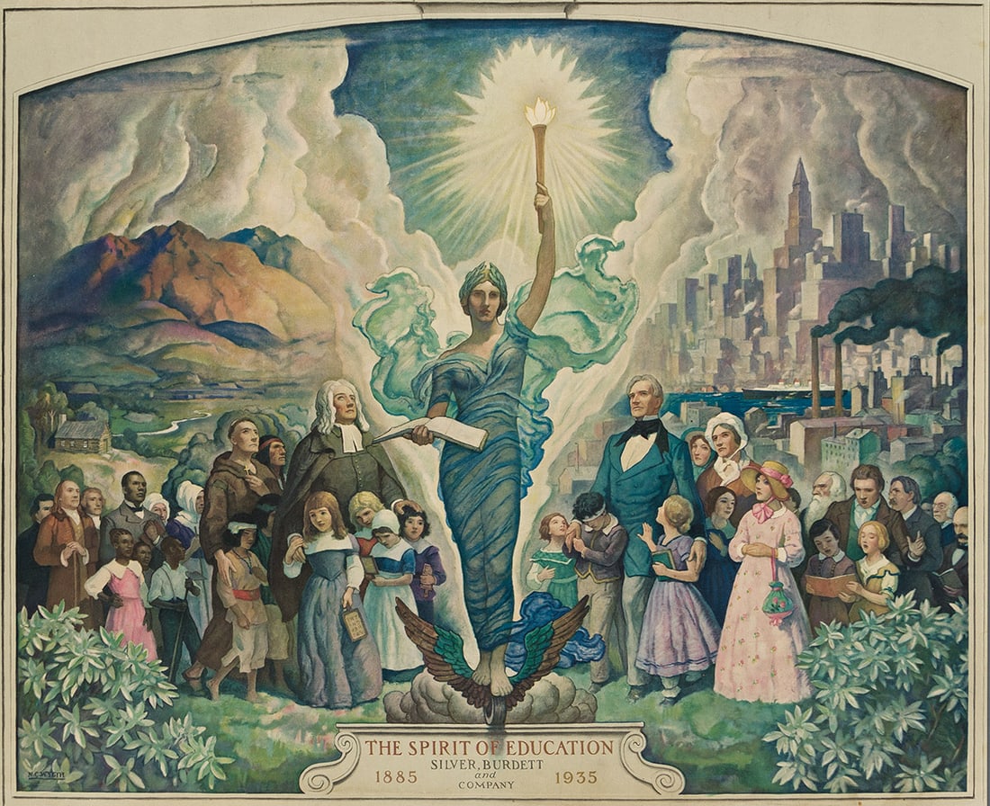 NEWELL CONVERS WYETH (1882 - 1945) The Spirit of Education.: NEWELL CONVERS WYETH (1882 - 1945) The Spirit of Education. Color lithograph poster, paper. 521x636 mm; 20½x25 inches. Silver Burdett and Company, circa 1935. The large-scale oil painting commiss