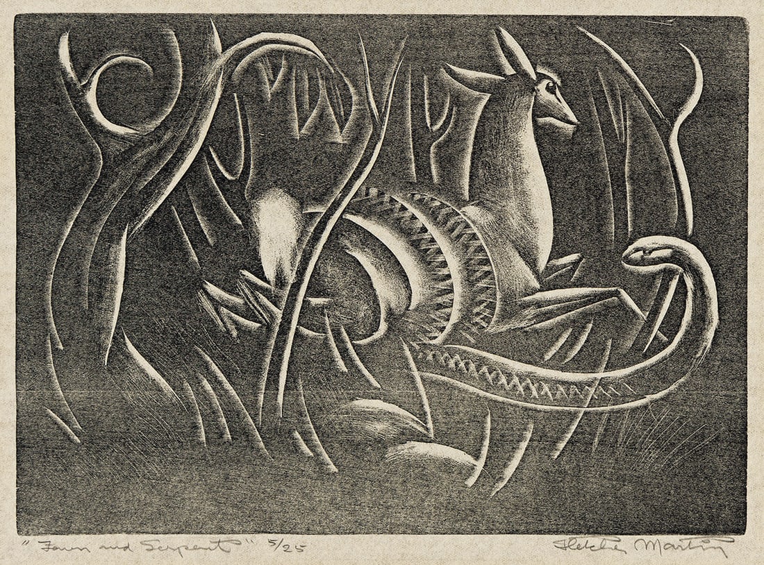 FLETCHER MARTIN (1904 - 1979) Fawn and Serpent.: FLETCHER MARTIN (1904 - 1979) Fawn and Serpent. Woodcut on thin wove paper, circa 1933. 170x240 mm; 6¾x9⅜ inches, wide margins. Signed, titled and numbered 5/25 in pencil, lower margin. Edi