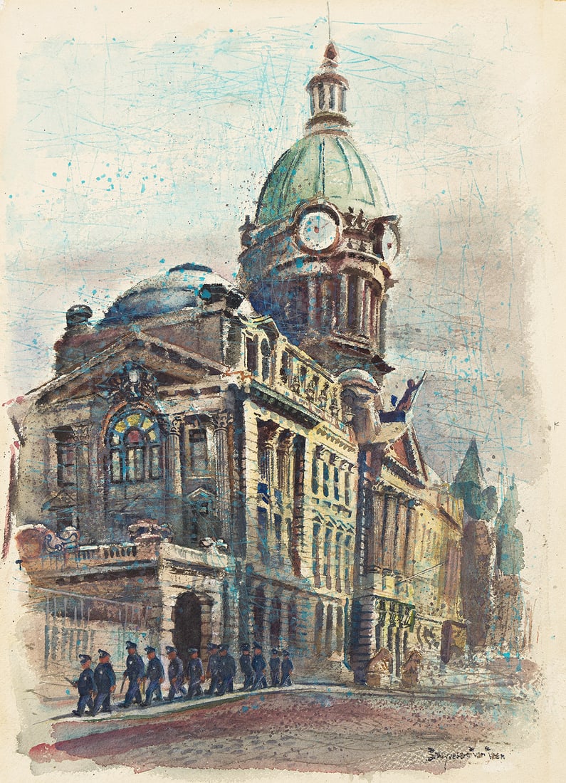 STUYVESANT VAN VEEN (1910 - 1987) New York Police Headquarters.: STUYVESANT VAN VEEN (1910 - 1987) New York Police Headquarters. Watercolor on paper, 1963. 508x355 mm; 20x14 inches. Signed, Stuyvesant Van Veen, lower right. Inscribed as titled and dated, 1958-63,