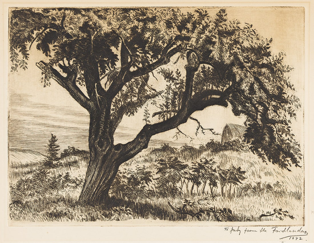 ISAAC FRIEDLANDER (1890 - 1968) i) Man in a Storm, and ii) Untitled, iii) White Elm, (Three works).: ISAAC FRIEDLANDER (1890 - 1968) i) Man in a Storm, and ii) Untitled, iii) White Elm, (Three works). i) Man in a Storm. Woodcut on cream paper, 1934. 190x140 mm; 7½