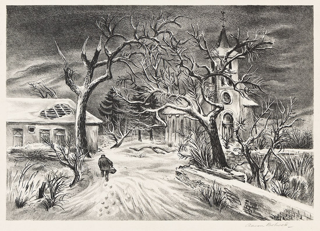 AARON BOHROD (1907 - 1992) Church in Luxembourg.: AARON BOHROD (1907 - 1992) Church in Luxembourg. Lithograph, 1947. 227x325 mm; 8⅞x12¾ inches, wide margins. Edition of 250. Signed in pencil, lower right. Published by Associated American A