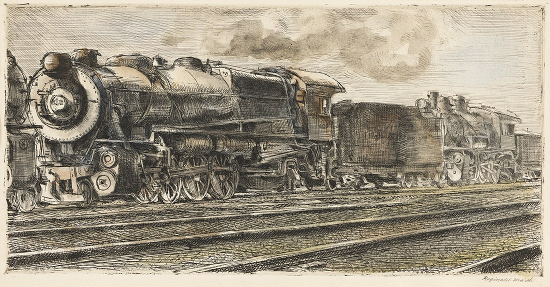 REGINALD MARSH (1898 - 1954) P. R. R. Loco Waiting to Be Junked.: REGINALD MARSH (1898 - 1954) P. R. R. Loco Waiting to Be Junked. Etching, 1932. 153x303 mm; 6x12 inches. Fifth state (of 5). Edition of approximately only 19. Signed in pencil, lower right, and inscri
