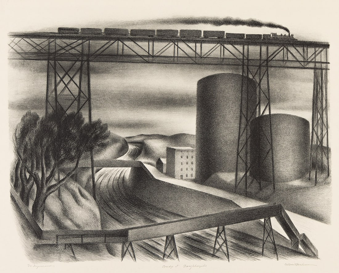 ALBERT HECKMAN (1893 - 1971) Bridge at Poughkeepsie.: ALBERT HECKMAN (1893 - 1971) Bridge at Poughkeepsie. Lithograph, 1933. 317x415 mm; 12½x16⅜ inches, full margins. Edition of 30. Signed, titled and inscribed, 30 impressions, in pencil, lowe