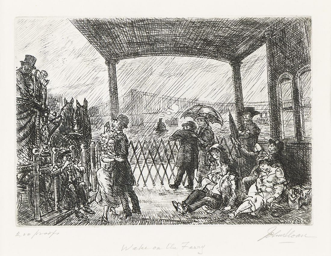 JOHN SLOAN (1871 - 1951) Wake on the Ferry.: JOHN SLOAN (1871 - 1951) Wake on the Ferry. Etching, 1949. 125x178 mm; 5x7 inches, full margins. Edition of 350 (from an intended edition of 200). Signed, titled and inscribed "200 proofs" in pencil,