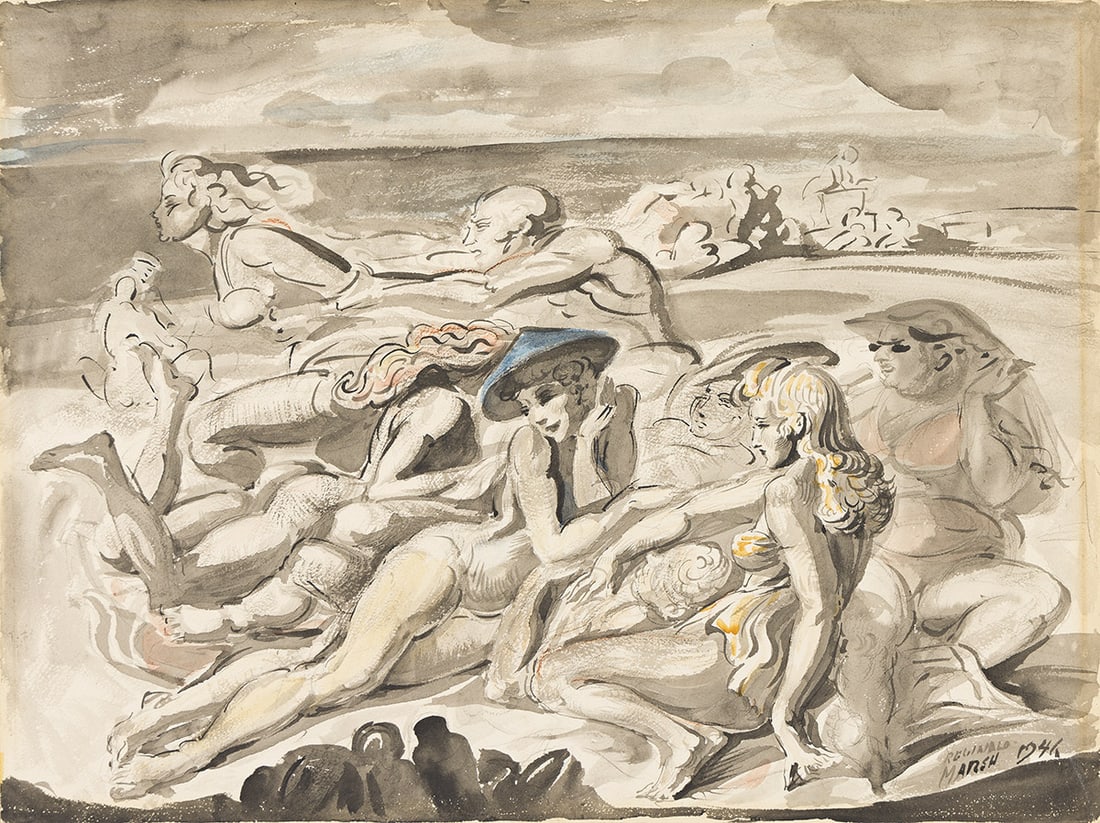 REGINALD MARSH (1898 - 1954) Figures at Coney Island Beach.: REGINALD MARSH (1898 - 1954) Figures at Coney Island Beach. Ink and watercolor on paper laid to illustration board, 1941. 380x508 mm; 15x20 inches. Signed and dated lower right. Provenance Don