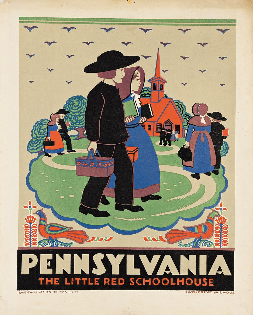 KATHERINE MILHOUS (1894 - 1977) Pennsylvania / The Little Red Schoolhouse.: KATHERINE MILHOUS (1894 - 1977) Pennsylvania / The Little Red Schoolhouse. Woodcut poster. 603x489 mm; 23¾x19¼ inches. Pennsylvania Art Project, WPA, stamped in lower left margin. Circa 1936