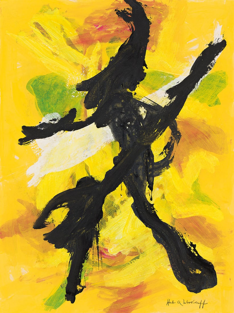 HALE WOODRUFF (1900 - 1980) Untitled (Abstraction in Black, Yellow and Green).: HALE WOODRUFF (1900 - 1980) Untitled (Abstraction in Black, Yellow and Green). Oil on paper, circa 1970s. 304x228 mm; 12x9 inches. Signed in ink, lower right. Provenance James D. Juilia, Fairfield ME,