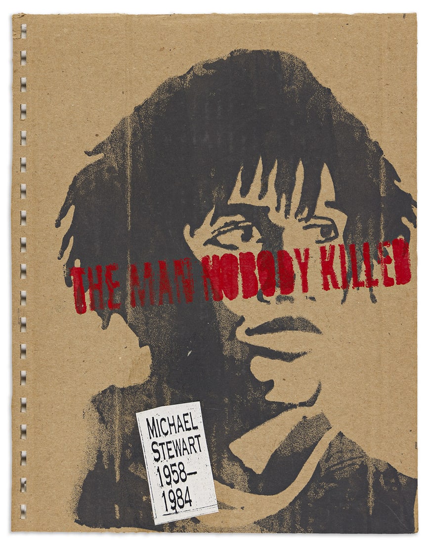 DAVID HAMMONS (1943 - ) The Man Nobody Killed.: DAVID HAMMONS (1943 - ) The Man Nobody Killed. Stenciled paint and collage printed on cardboard, 1986. 280x216 mm; 11x8½ inches. From Cobalt Myth Mechanics, 1986/1987, Eye Magazine, #14. With the