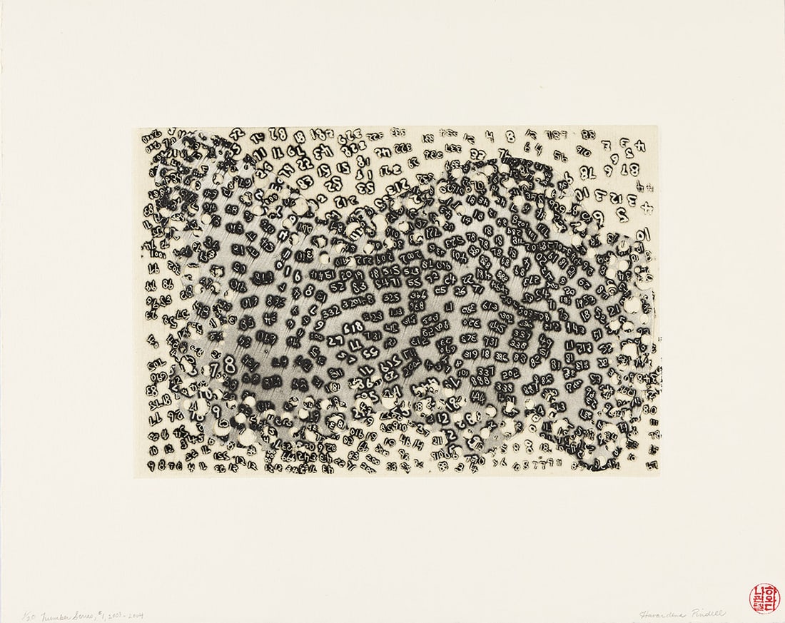 HOWARDENA PINDELL (1943 - ) Number Series, #1.: HOWARDENA PINDELL (1943 - ) Number Series, #1. Open bite etching on cream chine-collé on cream wove paper, 2002-2003. 203x304 mm; 8x12 inches, full margins. Signed, titled, dated and numbered 1/2