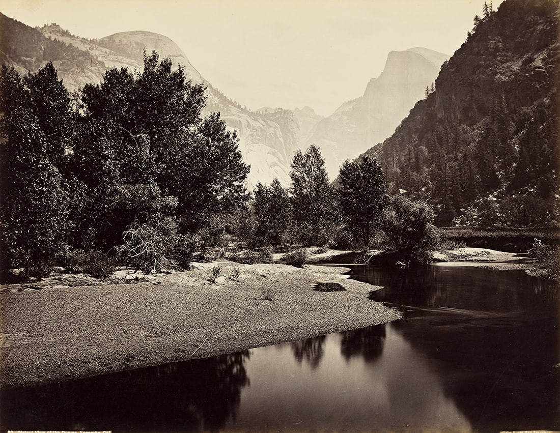 CARLETON E. WATKINS (1829-1916) The Domes from Yosemite Valley. 1865-66; printed 1870s.: CARLETON E. WATKINS (1829-1916) The Domes from Yosemite Valley. 1865-66; printed 1870s. Mammoth albumen print, the image measuring 15¾x20½ inches (40x52 cm.), the mount 22x28 inches (55.9x.1