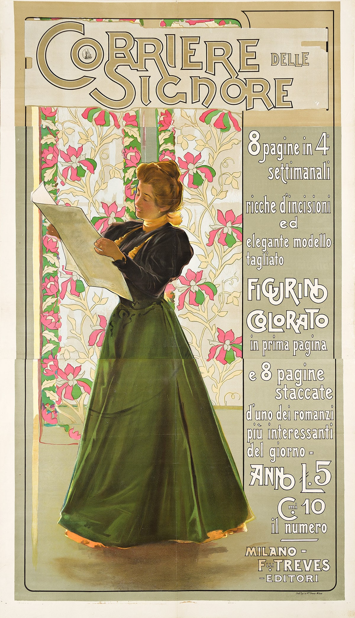 ATTRIBUTED TO LEOPOLDO METLICOVITZ (1868-1944). CORRIERE DELLE SIGNORE. Circa 1900. 68½x30½: ATTRIBUTED TO LEOPOLDO METLICOVITZ (1868-1944) CORRIERE DELLE SIGNORE. Circa 1900. 68½x30½ inches, 174x77½ cm. Flli. Treves, Milan. Condition B+: repaired tears, creases and restoration