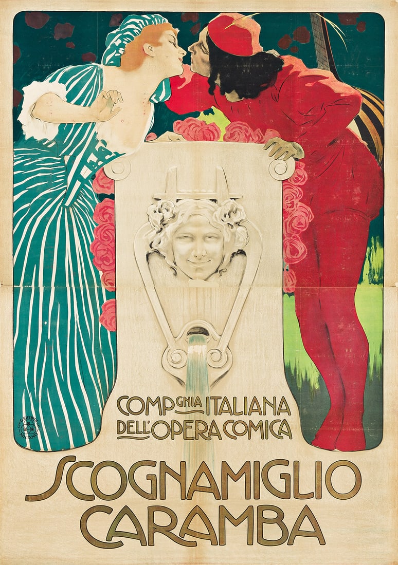 LEOPOLDO METLICOVITZ (1868-1944). SCOGNAMIGLIO CARAMBA. 1907. 79x55½ inches, 200½x141 cm.: LEOPOLDO METLICOVITZ (1868-1944) SCOGNAMIGLIO CARAMBA. 1907. 79x55½ inches, 200½x141 cm. G. Ricordi & C., Milan. Condition B+ / B: replaced loss in central image, along seam; small losses an