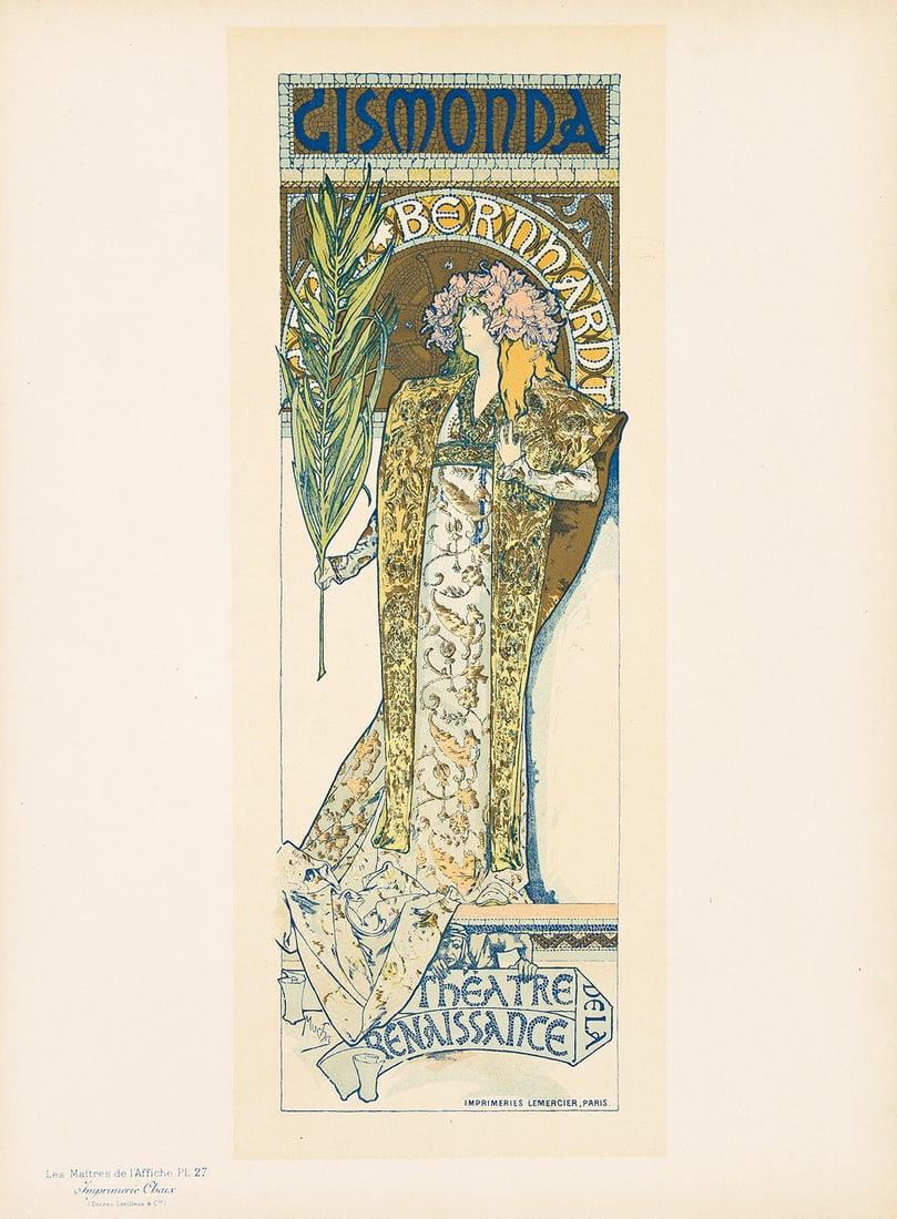 ALPHONSE MUCHA (1860-1939). GISMONDA. Maitres de l'Affiche pl. 27. 1896. 15¼x11¼ inches,: ALPHONSE MUCHA (1860-1939) GISMONDA. Maitres de l'Affiche pl. 27. 1896. 15¼x11¼ inches, 38¾x28½ cm. Chaix, Paris. Condition A- / A: minor creases and time-staining at edges. Paper.