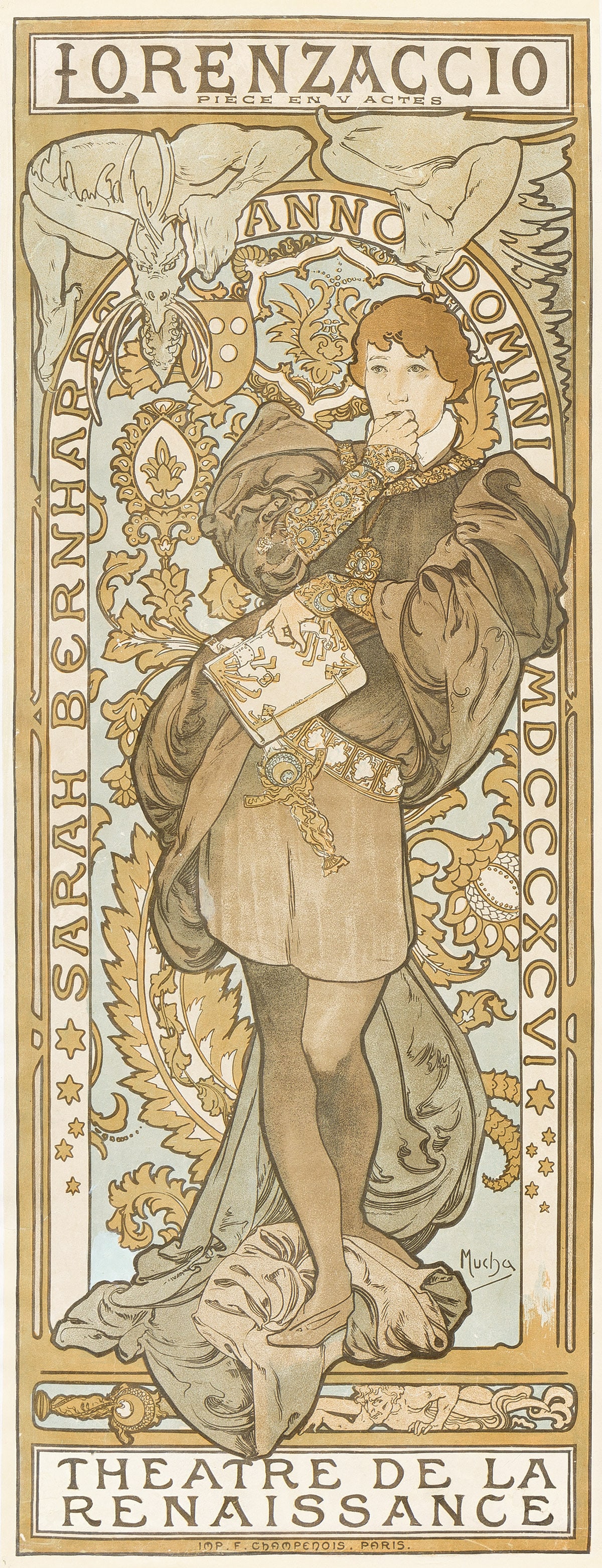 ALPHONSE MUCHA (1860-1939). LORENZACCIO. 1896. 38¼x14¾ inches, 97x37½ cm. F.: ALPHONSE MUCHA (1860-1939) LORENZACCIO. 1896. 38¼x14¾ inches, 97x37½ cm. F. Champenois, Paris. Condition B: small reattached losses in corners; repaired tears and extensive overpainting