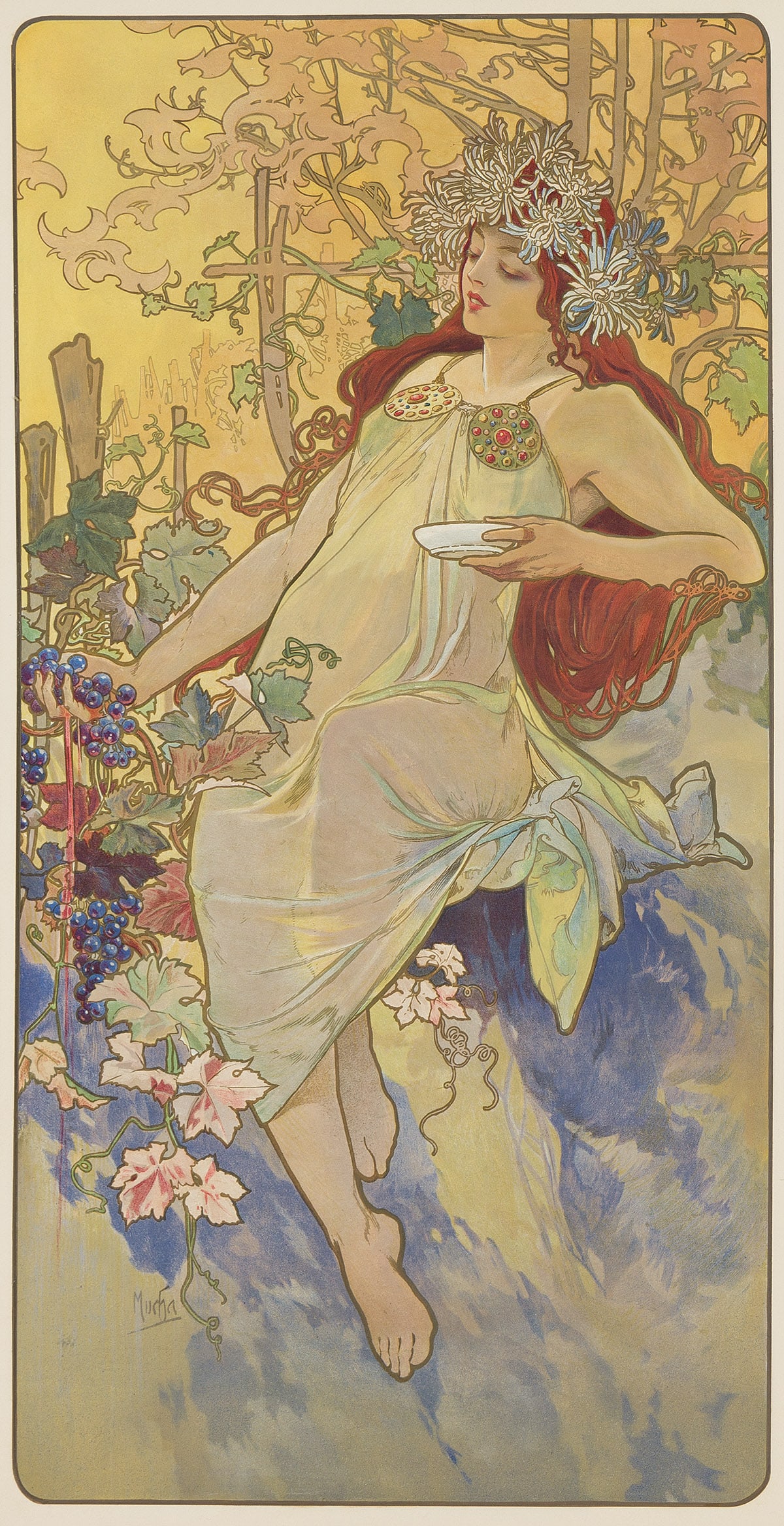 ALPHONSE MUCHA (1860-1939). [THE SEASONS]. Group of 4 decorative panels. 1896. Each approximately: ALPHONSE MUCHA (1860-1939) [THE SEASONS]. Group of 4 decorative panels. 1896. Each approximately 41½x22 inches, 105½x56 cm. [F. Champenois, Paris]. Condition varies, generally B: repaired te