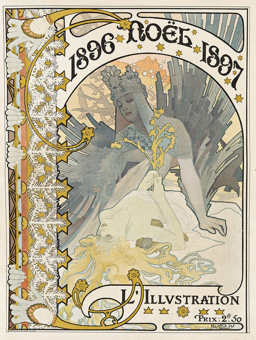 ALPHONSE MUCHA (1860-1939). L'ILLUSTRATION / NOËL. Magazine Cover. 1896. 16x12 inches, 40½: ALPHONSE MUCHA (1860-1939) L'ILLUSTRATION / NOËL. Magazine Cover. 1896. 16x12 inches, 40½x30½ cm. Ducourtioux & Huillard, [Paris]. Condition A-: minor repaired tears and restoration at