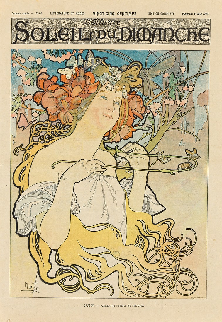ALPHONSE MUCHA (1860-1939). SOLEIL DU DIMANCHE. Magazine cover. June 6, 1897. 15½x10¾: ALPHONSE MUCHA (1860-1939) SOLEIL DU DIMANCHE. Magazine cover. June 6, 1897. 15½x10¾ inches, 39½x27½ cm. Rougeron Vignerot, Paris. Condition A- / B+: minor tears at edges; minor lo