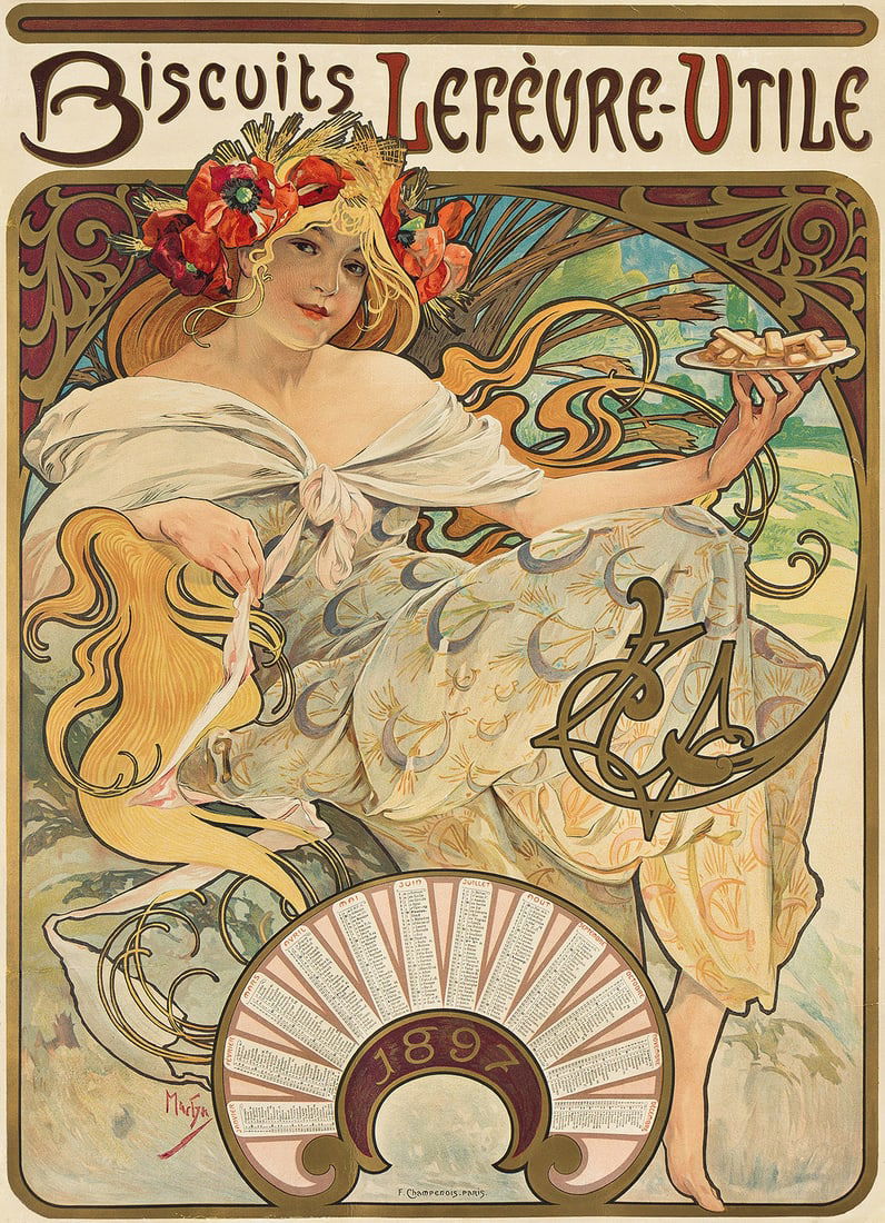 ALPHONSE MUCHA (1860-1939). BISCUITS LEFÈVRE - UTILE. 1897. 24¼x17½ inches, 61½: ALPHONSE MUCHA (1860-1939) BISCUITS LEFÈVRE - UTILE. 1897. 24¼x17½ inches, 61½x44½ cm. F. Champenois, Paris. Condition B+: repaired tears at edges, some into border and lower