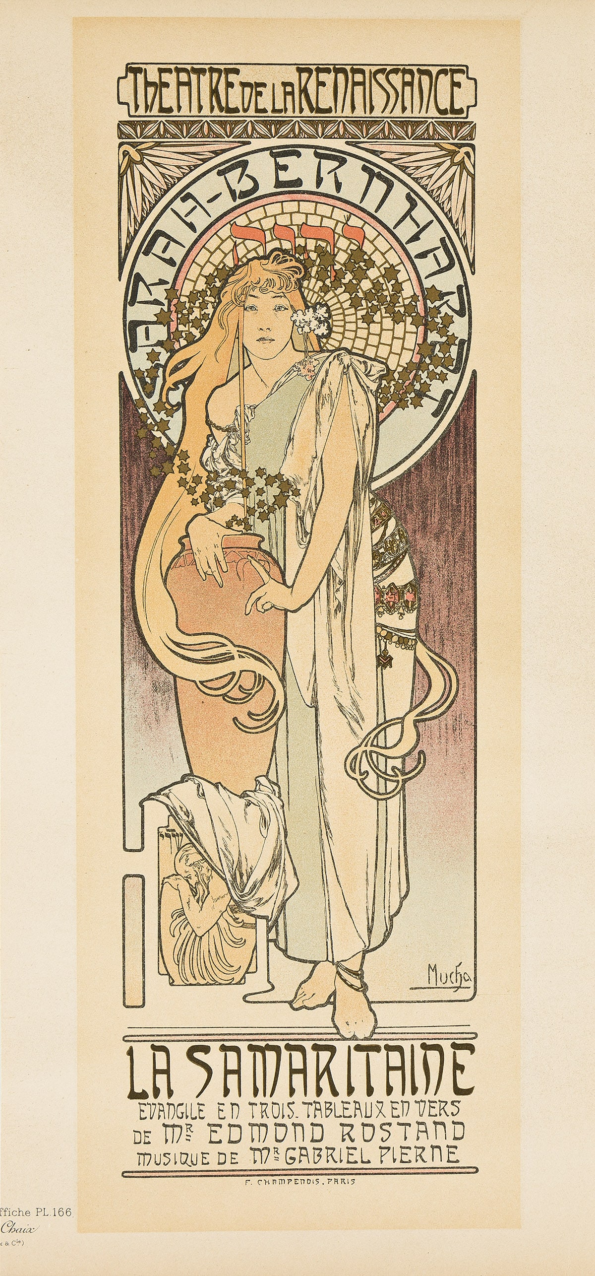 ALPHONSE MUCHA (1860-1939). LA SAMARITAINE. Maitres de l'Affiche pl. 166. 1899. 15½x7½: ALPHONSE MUCHA (1860-1939) LA SAMARITAINE. Maitres de l'Affiche pl. 166. 1899. 15½x7½ inches, 39¼x19 cm. Chaix, Paris. Condition B+: side margins significantly trimmed, including printe