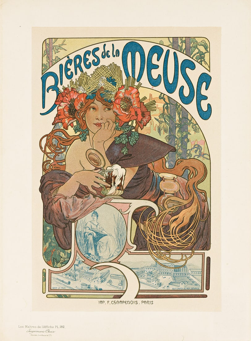 ALPHONSE MUCHA (1860-1939). BIÈRES DE LA MEUSE. Maitres de l'Affiche pl. 182. 1899. 15½: ALPHONSE MUCHA (1860-1939) BIÈRES DE LA MEUSE. Maitres de l'Affiche pl. 182. 1899. 15½x11¼ inches, 39¼x28½ cm. Chaix, Paris. Condition A / A-: slight darkening at edges. Paper