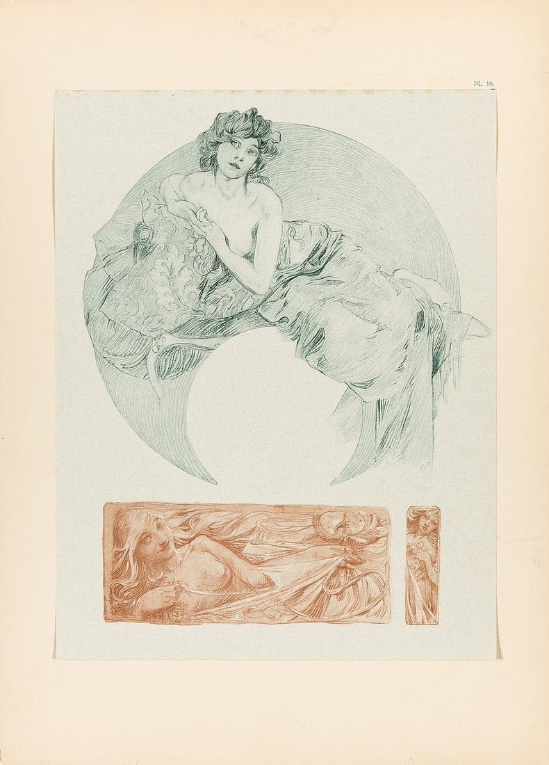 ALPHONSE MUCHA (1860-1939). DOCUMENTS DÉCORATIFS. Group of 8 plates. 1902. Each plate 18x13: ALPHONSE MUCHA (1860-1939) DOCUMENTS DÉCORATIFS. Group of 8 plates. 1902. Each plate 18x13 inches, 45¾x33 cm. Emile Levy, Paris. Condition varies, generally A- / B+: some with minor tears, c