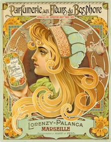 DESIGNER UNKNOWN. PARFUMERIE AUX FLEURS DU BOSPHORE. Circa 1900. 21x17 inches, 53x43 cm. J.E.