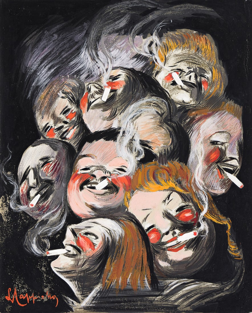 LEONETTO CAPPIELLO (1875-1942). [CIGARETTE SMOKERS]. Gouache painting. Circa 1920. 8x6½ inches, (1 of 1)