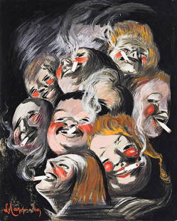LEONETTO CAPPIELLO (1875-1942). [CIGARETTE SMOKERS]. Gouache painting. Circa 1920. 8x6½ inches,: LEONETTO CAPPIELLO (1875-1942) [CIGARETTE SMOKERS]. Gouache painting. Circa 1920. 8x6½ inches, 20¼x16½ cm. Condition A-: minor abrasions and minor cracking at edges. Painted in gouache