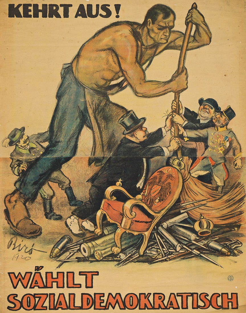 MIHALY BIRO (1886-1948). KEHRT AUS! / WÄHLT SOZIALDEMOKRATISCH. 1920. 47½x37 inches,: MIHALY BIRO (1886-1948) KEHRT AUS! / WÄHLT SOZIALDEMOKRATISCH. 1920. 47½x37 inches, 120¾x94 cm. MGI, [Vienna]. Condition B: tears, repaired tears, creases, losses, abrasions and stainin