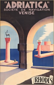 DESIGNER UNKNOWN. "ADRIATICA" SOCIÉTÉ DE NAVIGATION VENISE / RHODES. 1938. 39x25 inches,