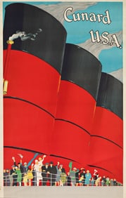 DESIGNER UNKNOWN. CUNARD U.S.A. / [R.M.S. QUEEN MARY]. 39½x24¾ inches, 100¼x62¾