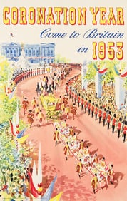 DESIGNER UNKNOWN. CORONATION YEAR / COME TO BRITAIN IN 1953. Circa 1953. 30¼x19 inches, 76¾