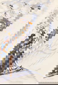 FRANZ LENHART (1898-1992). [SKIERS AND TOBOGGAN]. 40x27¼ inches, 101½x69¼ cm.