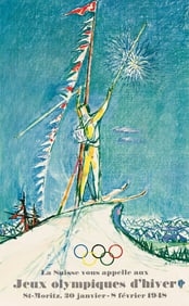 ALOIS CARIGIET (1902-1985). JEUX OLYMPIQUES D'HIVER / ST. MORITZ. Small format poster. 1948. 13½