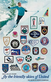 DESIGNER UNKNOWN. FLY THE FRIENDLY SKIES OF UNITED / TAKE A SKI - LIFT HOLIDAY. Circa 1968. 40¼