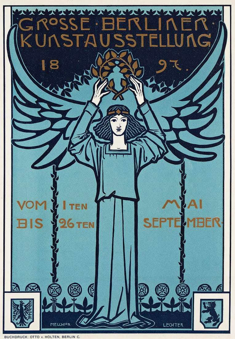 MELCHIOR LECHTER (1865-1937). GROSSE BERLINER KUNSTAUSSTELLUNG. 1897. 25½x18 inches, 65x45¾: MELCHIOR LECHTER (1865-1937) GROSSE BERLINER KUNSTAUSSTELLUNG. 1897. 25½x18 inches, 65x45¾ cm. Otto v. Holten, Berlin. Condition A-: minor creases in image. Matted and framed. Like most arti