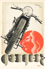 LAJOS MARTON (1891-1952). PEUGEOT. 1930. 46½x30¼ inches, 118x77 cm. DAM Publicité,