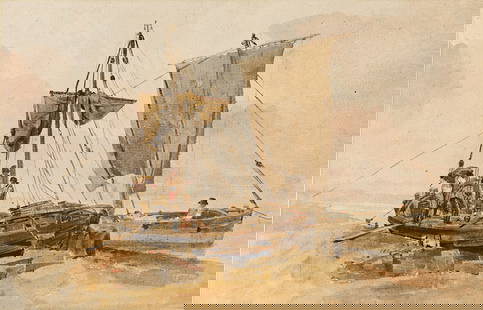 PETER DE WINT (1784-1849) River Craft Loading.: PETER DE WINT (1784-1849) River Craft Loading. Watercolor on oatmeal wove paper, circa 1816. 303x467 mm; 11⅞x18½ inches. Provenance Davis & Langdale Company, Inc., New York (label). Private