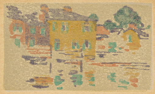 ARTHUR WESLEY DOW (1857 - 1922) River Reflections.: ARTHUR WESLEY DOW (1857 - 1922) River Reflections. Color woodcut, circa 1910. 61x102 mm; 2½x4⅛inches, wide margins. Born in Ipswich, Massachusetts, Arthur Wesley Dow was initially influence