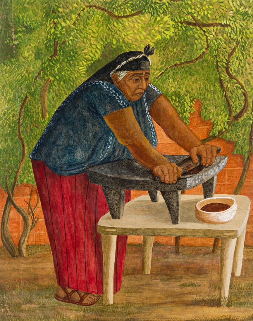 OLGA COSTA (1913 - 1993) Oaxaqueña molienda de cacao.: OLGA COSTA (1913 - 1993) Oaxaqueña molienda de cacao. Color crayon with watercolor resist on wove paper, 1941. 610x484 mm; 24x19 inches. Signed and dated in ink, lower left. Provenance Acquired d
