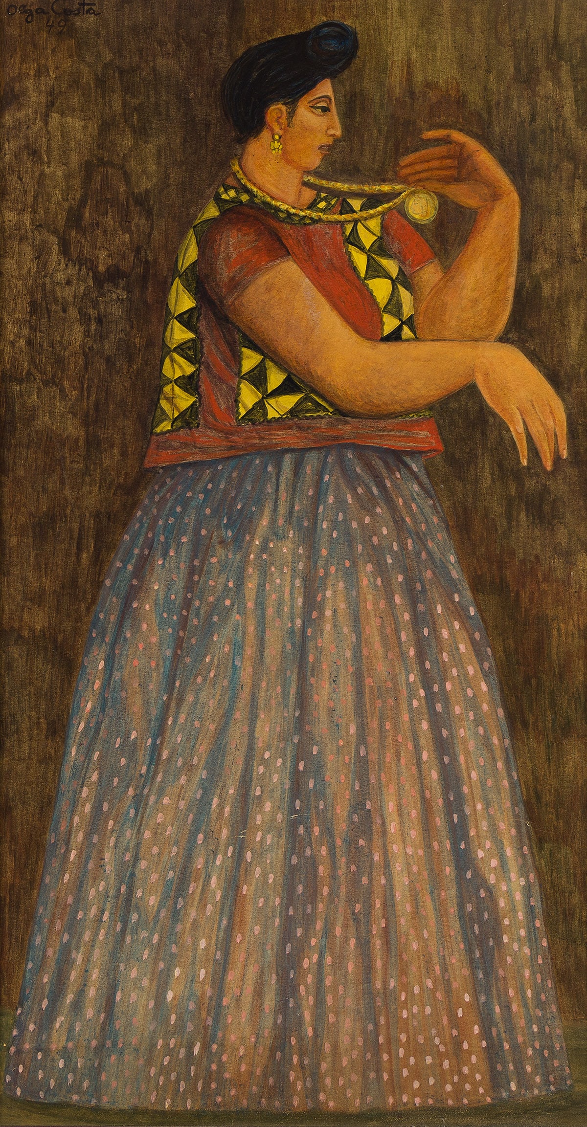 OLGA COSTA (1913 - 1993) Oaxaqueña con un collar oro.: OLGA COSTA (1913 - 1993) Oaxaqueña con un collar oro. Oil on board mounted to masonite, 1949. 775x437 mm; 30x17¼ inches. Signed and dated upper left. Provenance Acquired directly from the ar