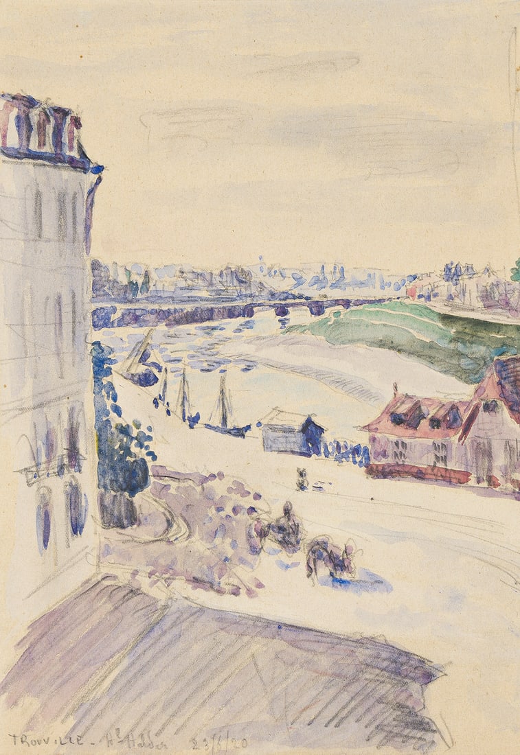 HENRI LEBASQUE (1865 - 1937) Trouville.: HENRI LEBASQUE (1865 - 1937) Trouville. Watercolor and pencil, 1920. 255x177 mm; 10x7 inches. Titled, dated and inscribed in pencil, lower left. Provenance G. Morssen, Paris (label). Private collectio